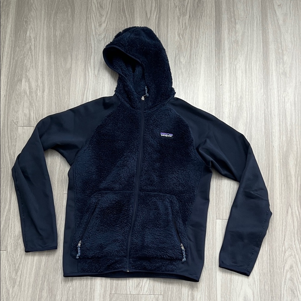 Patagonia Women’s Navy Blue Hooded Fleece Jacket Full Zip Sherpa Soft Shell